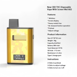 New CBD THC Disposable Vape 3ml Rechargeable With Screen Wel A02